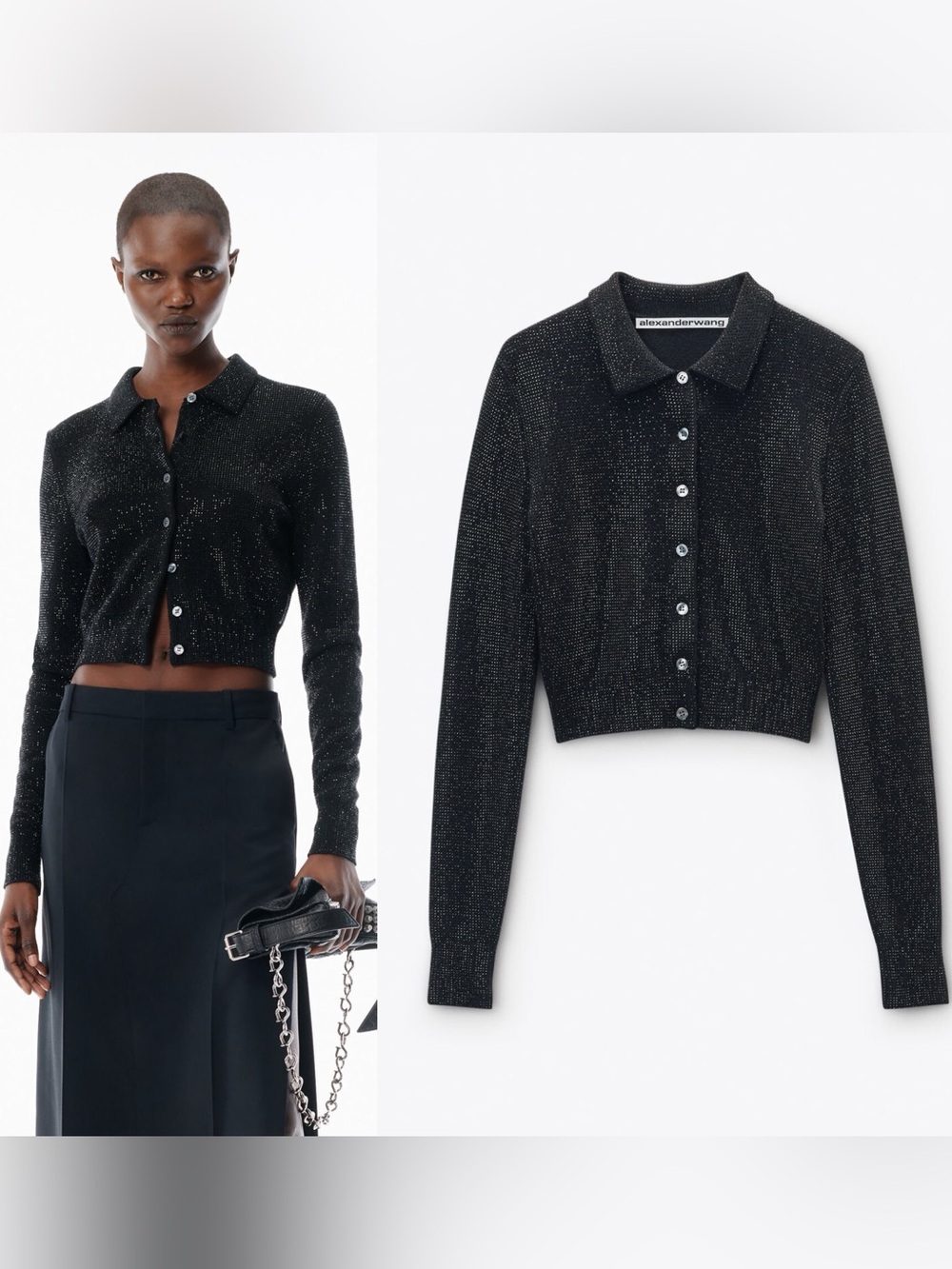 Like new Alexander Wang black wool-blend hotfix polo cardigan $1,050 S
